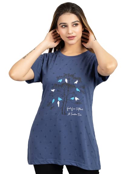 Image of Magknit Fancy Printed Both Side Cut Cotton Blend Half Sleeves and Lightwiegt Trendy Summer Long T Shirt for Women