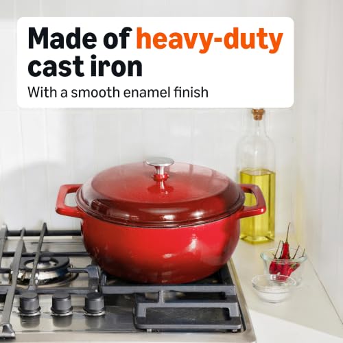 Image of Amazon Basics Enameled Cast Iron Dutch Oven Pot with Lid, Round, Dual Handles, Heavy-Duty, Oven Safe for Stews, Roasting, Baking, 6-Quart, Red