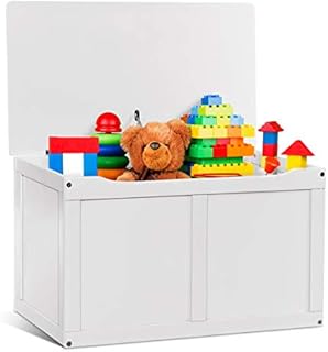 GYMAX Kids Toy Box, Children Large Storage Wooden Chest with Safety Hinge, Toddler Room Organizer Flip-Top Bench for Playroom, Bedroom and Baby Nursery (White)