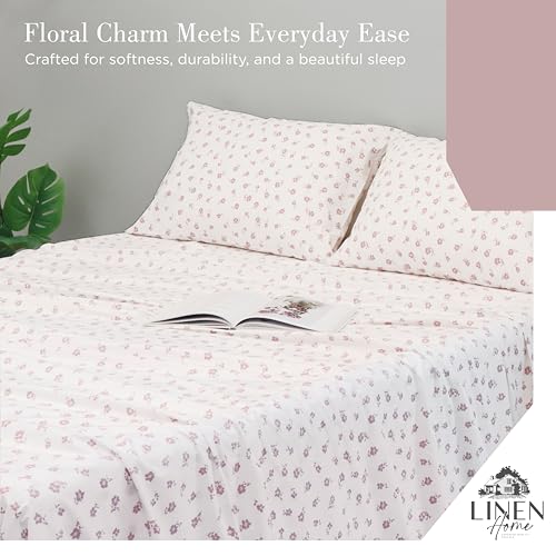 Image of Linen Home 100% Cotton Printed Percale Sheet Set King Size, 4 Piece Deep Pocket Floral Bedding, Crisp Cool & Breathable, Fade-Resistant Design, Hotel Luxury, Long-Staple Cotton, Mauve Silhouette