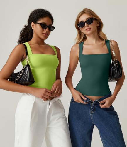 Image of QINSEN Women's Square Neck Sleeveless Double-Layer Tank Tops Basic Tight T Shirts