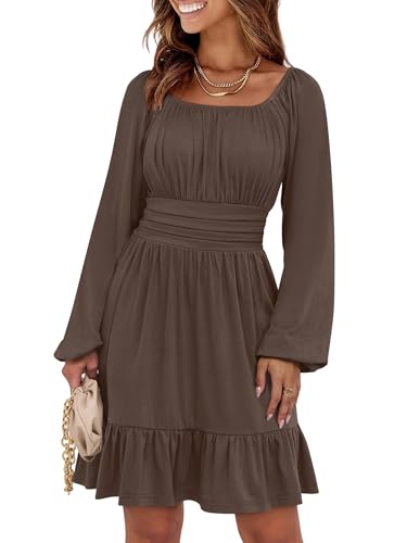 ANRABESS Womens Dress Long Lantern Sleeve Square Neck Elastic Waist Ruffle Flowy Swing A-Line Short Dresses 2026 Fall Fashion Brown Medium