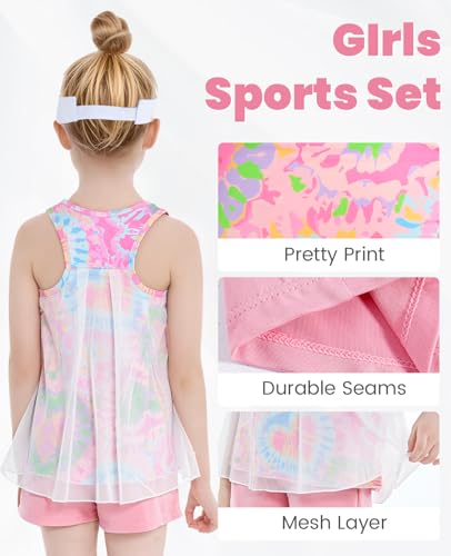 Image of Gogokids Girls 2 Piece Activewear Set, Tulle Sleeveless Tank Tops and Athletic Shorts