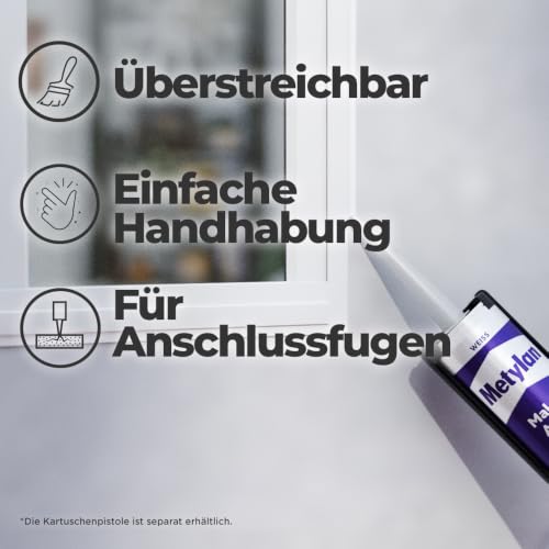 Metylan Maleracryl, Acryl Dichtstoff für Anschlussfugen innen & außen, überstreichbare Fugenmasse für Fenster, Türen & Fußleisten, Weiß, 1x300ml Kartusche