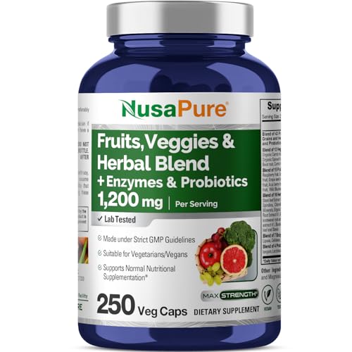 NusaPure Fruits and Veggies Supplement 1200 mg 250 Capsules - 43 Fruits & Vegetables,11 Enzymes, Probiotics (Vegan/Vegetarian, Non-GMO)