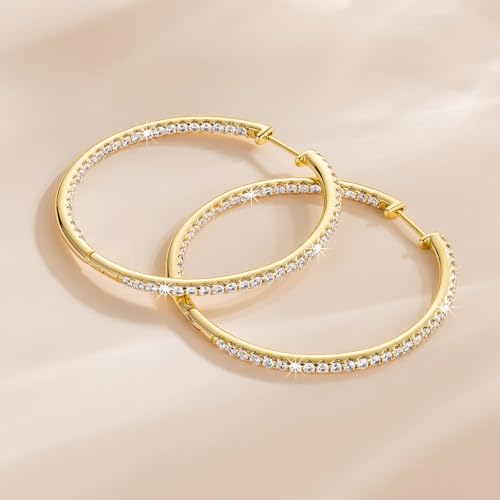 Elegant 14K Gold Hoop Earrings for Women with Dual Diamond Accents - Large 40mm Gold Hoops for Sensitive Ears - Image 4