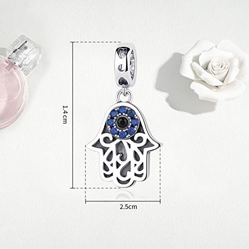 Bisaer Hamsa Charm Hexproof Lucky Hand Charm Bead 925 Sterling Silver Beads Filled Blue Gemstones Evil Eye Charm Fits Bangle Bracelet Necklace And European Charms Bracelet #TOP1