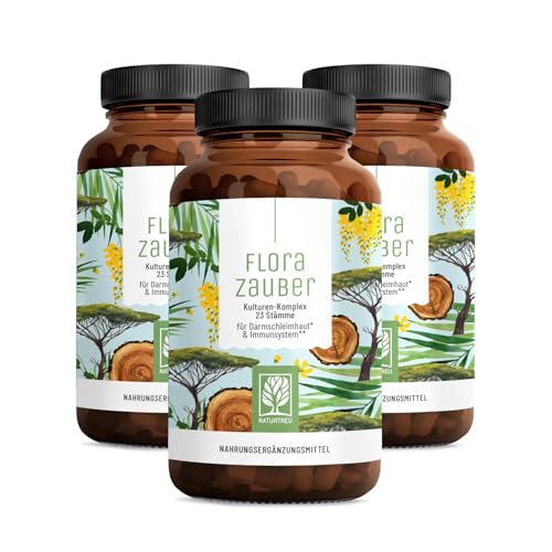 NATURTREU® Florazauber Kulturen Komplex - Vorteilsbundle 3er Paket - magensaftresistent & vegan - 23 Bakterienstämme ohne Inulin - Komplex u.a. mit Lactobacillus & Bifidobakterien, 60 Kapseln