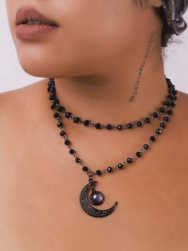 Sacina Layered Black Crescent Moon Choker, Moon Necklace, Black Bead Necklace, Gothic Necklace, Emo Necklace, Gothic Jewelry, Christmas Jewelry Gift for Women2