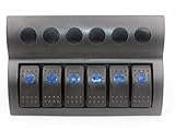 SUNDELY® 6 Gang 12V/24V Waterproof Rocker Switch Panel with Blue LED for Marine Boat Caravan + Auto Fuses