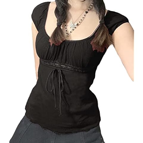 Women Fairy Grunge Y2k Shirts Square Neck Lace Patchwork Tops Vintage Goth Aesthetic Clothing Black S Cover