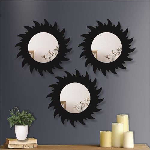 Image of Creative Arts n Frames 11 inch Set of 3 Round Wall Decor Hand Crafted Wooden HD Wall Mirror Panel for Living Room Bedroom Lobby Modern Wall Decor Home Decor Items (Chakra 2 Black)