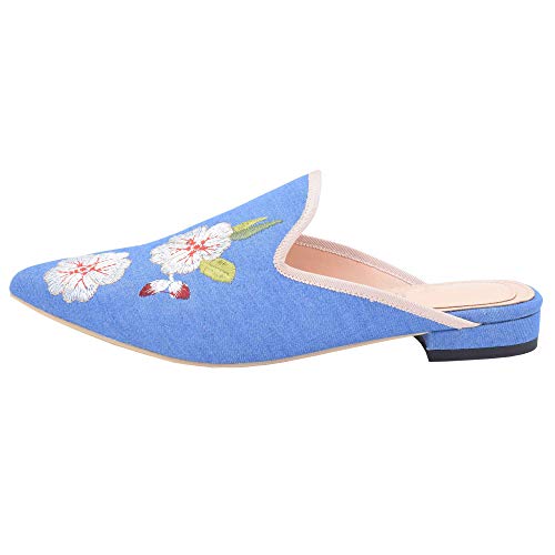 Image of Fericzot Women's Velvet Backless Pointed Toe Slip On Loafers Flats Embroidery Mule Slippers Shoes