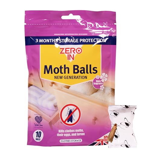 Zero In New Generation Moth Balls - 10-Pack. Place in Wardrobes, Cupboards and Drawers to Kill Clothes Moths, Eggs, and Larvae. Fragranced, White