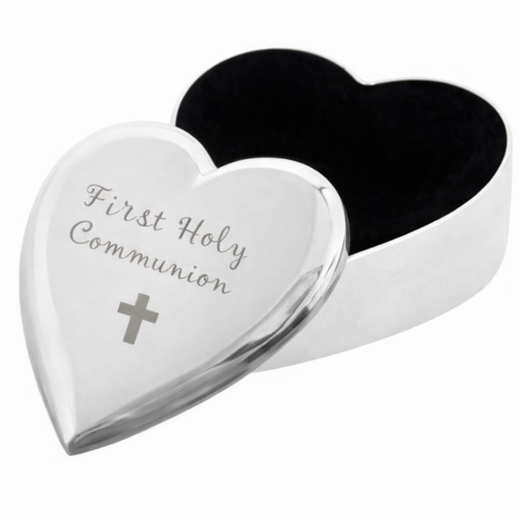 celebrationgiftsforall First Holy Communion Catholic Cross On a Silver Heart Trinket Jewellery Keepsake Box for a Special Girl