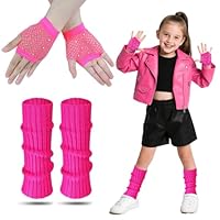 AffeGifts Neon Leg Warmers Kids, Kids 80s Leg Warmers With Neon Fishnet Gloves Warm Knitted Legs Warmers 80s Costume Accessories Set For Girls Fancy Dress 1980s Theme Party (Rose Red)