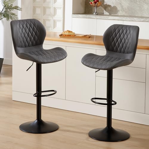 Image of Bar Stools Set of 2, Modern Swivel Counter Height Barstools for Kitchen Island Chairs, Adjustable Fabric Bar Stools with Back for Kitchen Counter Bar, Dark Grey
