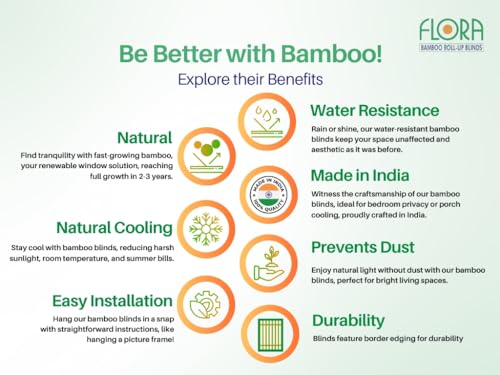 Flora Premium Roll Up Bamboo Curtains/Blinds for Windows| Shade for Sunlight, Rain & Dust Protection| Bamboo Screen for Balcony, Hotel, Resort, Restaurant| Indoor Use | (Beige, 6 Width/7 Height feet)