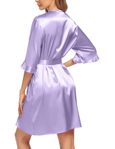 Image of Ekouaer Women's Satin Robe Valentines Lingerie for Women Kimono Bathrobe Short Ruffle Belted Robes Bridesmaids Sleepwear
