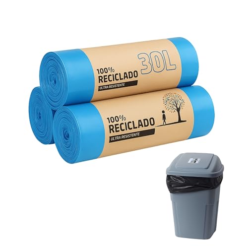 Bolsas Basura, Sacos de basura Resistentes, Bolsas de Comunidad 100% Recicladas, Ecológicas y Antigoteo, 30 L, 55 x 60 cm, Contiene 3 Rollos de 20 bolsas, Azul