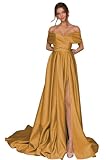 BONOYUER Plus Size Satin Prom Dresses Long for Women Off The Shoulder Slit Evening Gown with Pockets Gold 16W