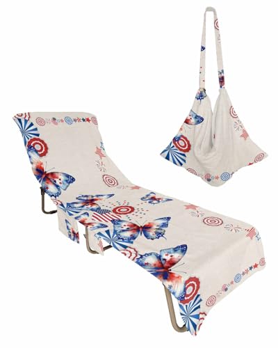 4th of July Beach Chair Towel Covers for Chaise Lounge with Side Pocket, Soft Plush Pool Towels Cover for Patio Sunbathing Outdoor 29''x85'' Farmhouse Vintage Red Blue Stripes Stars