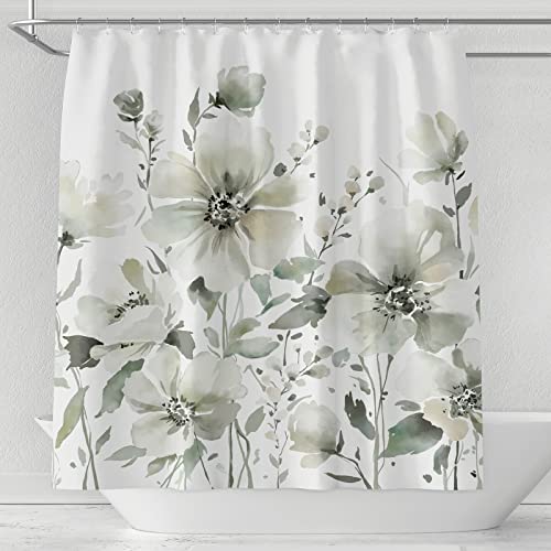 Vcqpdee Grey Flower Shower Curtain Set Celadon Floral Plants Shower Curtains Bohemian Bouquet White Grey Green Bathroom Shower Curtain Painting Waterproof Fabric 72 X 72 Inches With 12Pcs Hooks #TOP2