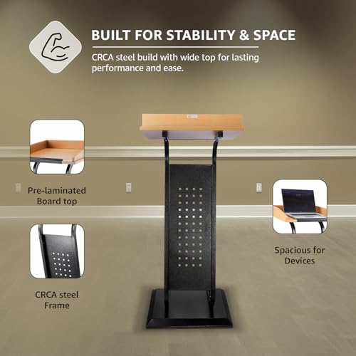 Image of Amazon Basics Lightweight Podium Lectern for Classroom, Office, Church & Events | CRCA Steel Frame with Beech Top | Sleek Modern Design | Easy Assembly | Black