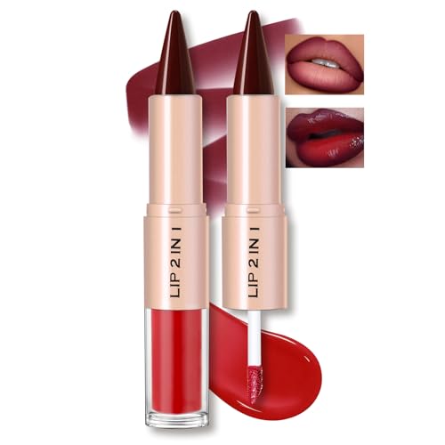HOSAILY Lip Liner Gloss Lip Combo Set, 2 in 1 Lip Duo Dark Red Lip Liner Lipstick Glossy Nourishing Cherry Cola Gloss Lip Kit, Smooth Quick Fuller Plumping Juicy Lip Makeup for Women07#Burgundy