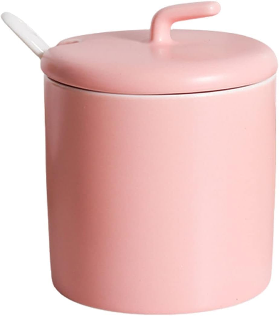 Zuckerdose aus Porzellan mit Löffel, feuchtigkeits- und staubdichter Zuckerbehälter, einfarbig, Gewürzgläser, praktischer Deckel, Rosa, 250 ml