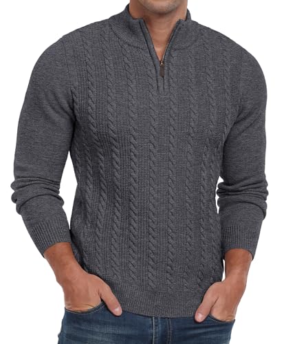 Image of Hisir Mens Quarter Zip Jumper Cable Knit Crew-Neck Sweater Long Sleeve Jumpers Causal Pullover Winter for Men (Dark Grey, M)