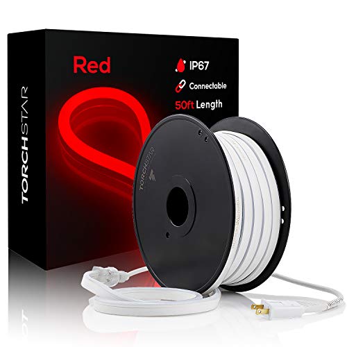 Best Cyber Monday 🔥 TORCHSTAR 50ft Neon LED Rope Light, 120V Connectable(150ft Max) Lights, IP67 Waterproof Lighting, Flexible Lights for Patio, Lawn, Soffit, Ambient Decoration, Red