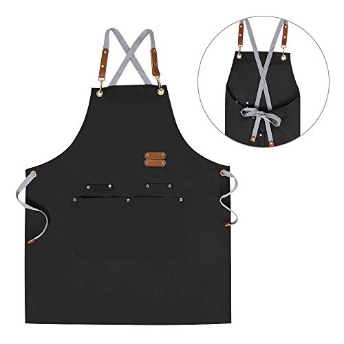 Chef Apron,Cross Back Apron for Men Women with Adjustable Straps and Large Pockets,Canvas,M-XXL