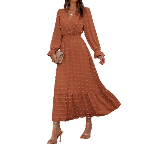 Frauen Herbst Kleider Langarm V-Ausschnitt Schweizer Punkte Maxikleid Boho Langes Kleid Hohe Taille A-Linie Rüschen Kleid Einfarbig Wickelkleid...