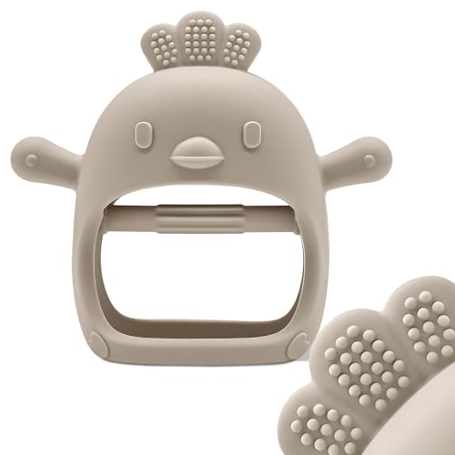 Image of Komfy LilLove Handle Wrist Baby Food Grade Silicone Teething, BPA Free, Anti-Drop,Sustainable, Washable, and Non Toxic Mitten Teether for Soothing Teething Pain Relief (Beige), 1.4 Ounce, 1.0 Count