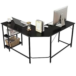 COSTWAY L-vormige bureau, kantoor/thuis bureau met twee opbergrek, hoogwaardige metalen frame, computer hoekbureau voor…
