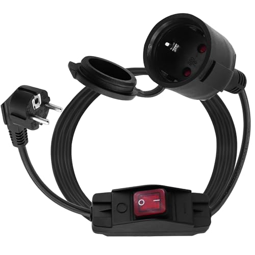 LANMINGLEL Cable alargador Schuko con interruptor, cable alargador para exteriores con enchufe Schuko corto, cable de alimentación 16 A 250 V, alargador de enchufe negro, 3 x 1,5 mm² (90 Grados, 1.5M)