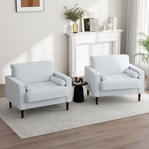 Image of Corduroy Accent Chairs Set of 2, Modern Upholstered Living Room Arm Chair Comfy Bedroom Reading Armchair with Bolster Pillows, Mid-Century Track Armrest Tufted Single Sofa Seat (Beige)