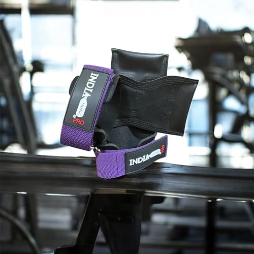 Image of INDIAHUNK Weight Lifting Grips (Pair) for Heavy Powerlifting, Deadlifts, Rows & Pull Ups - Neoprene Padded Wrist Wrap Support with Strong Rubber Grips, Bodybuilding Straps, Free Grip Pouch ( Purple)