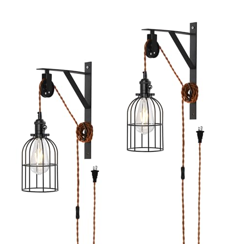 Image of Plug in Pendant Light Set of 2, Farmhouse Pulley Wall Lamp with 7-Foot Brown Plug in Cord & Switch, Industrial Hanging Lamps that Plug into Wall Outlet, Plug in Wall Sconces for Bedroom.