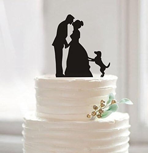 Bride and Groom with Cute Dog Silhouette Cake Topper, Funny Cake Topper, Rustic Wedding Cake Topper.