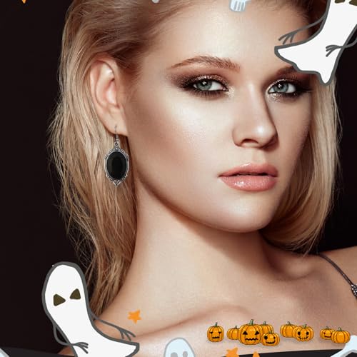 Gothic Black Vintage Crystal Dangle Earrings: Halloween Punk Rose Bat Cat-themed Cameo Drop Earrings4