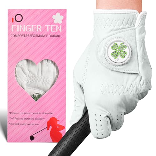 Finger Ten Golf Gloves Women All Premium Cabretta Leather 1 Pack, Soft Comfortable &Amp; Breathable Grip Glove With Ball Marker Left Hand For Right Handed Golfer (Lucky Clover, Medium (Worn On Left Hand))