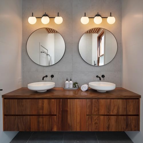 Image of Milk Glass Vanity Light, 22.6 inch Modern Bathroom Light Fixtures Mid-Century Globe Vanity Light 3-Light Glass Wall Sconce Black