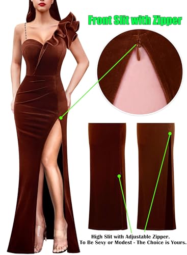 Image of VFSHOW Womens Ruffle One Shoulder Strap Ruched Formal Prom Wedding Maxi Dress V Neck Elegant Split Cocktail Evening Long Gown