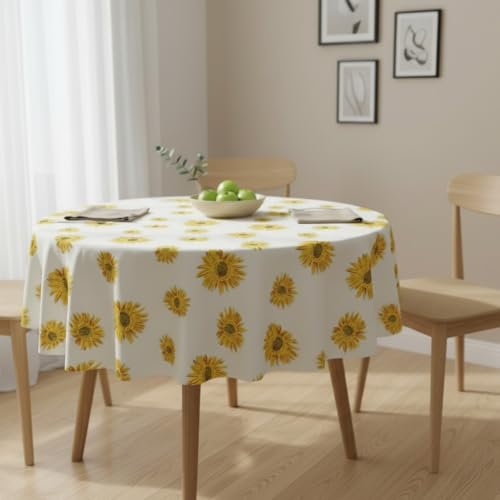 Image of HOMEMONDE 100% Cotton Premium Dining Round Table Cover, 45 x 45 Inches Floral Printed Table Cloth 4 Seater, Round Table Cover - (114 x 114 CM, Sun Flower - Multicolor)