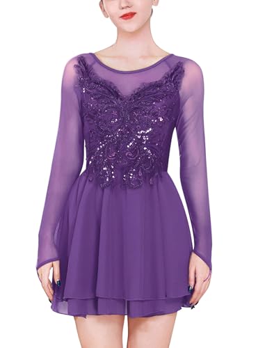 ODASDO Figure Skating Dress for Women Ice Skating Costumes Teenager Girls Mesh Long Sleeve Criss Cross Back Sparkly Sequin Chiffon Skirted Leotard Gymnastics Competition Ballet Dancewear Purple XL