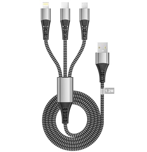 Multi USB Kabel 1.2M, ladekabel 3 in 1 Schnellladekabel Nylon USB Ladekabel Mehrfach Anschlüsse Universal Ladekabel mit Micro USB Typ C Lightning für iPhone 17,Android,Samsung Galaxy,Huawei,Oneplus,LG