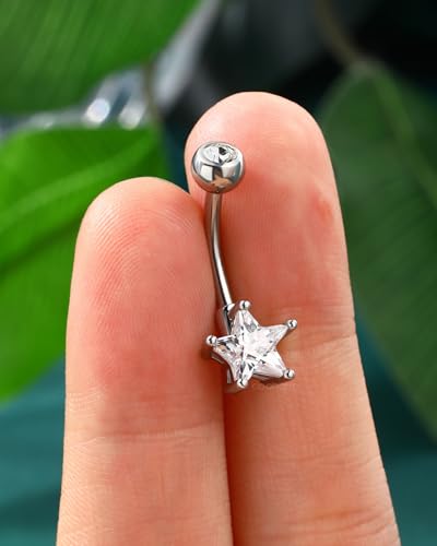 COCHARM 14g Cute Star Belly Button Ring Stainless Steel Clear CZ Belly Button Piercing Hypoallergenic Silver Navel Piercing Jewelry for Women4