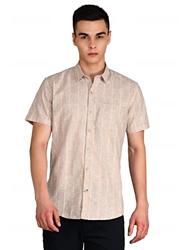 Image of Men's Grey Linen Striped Shirt - Lightweight and Comfortable Casual Shirt